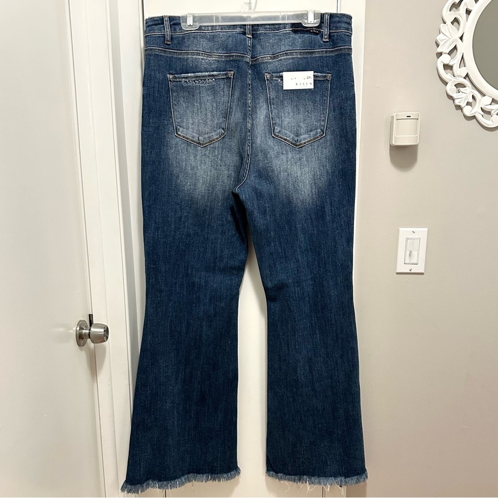 Risen High Rise Front Slit Frayed Hem Dark Flare Jeans Womens 2XL distressed NWT - Picture 5 of 10